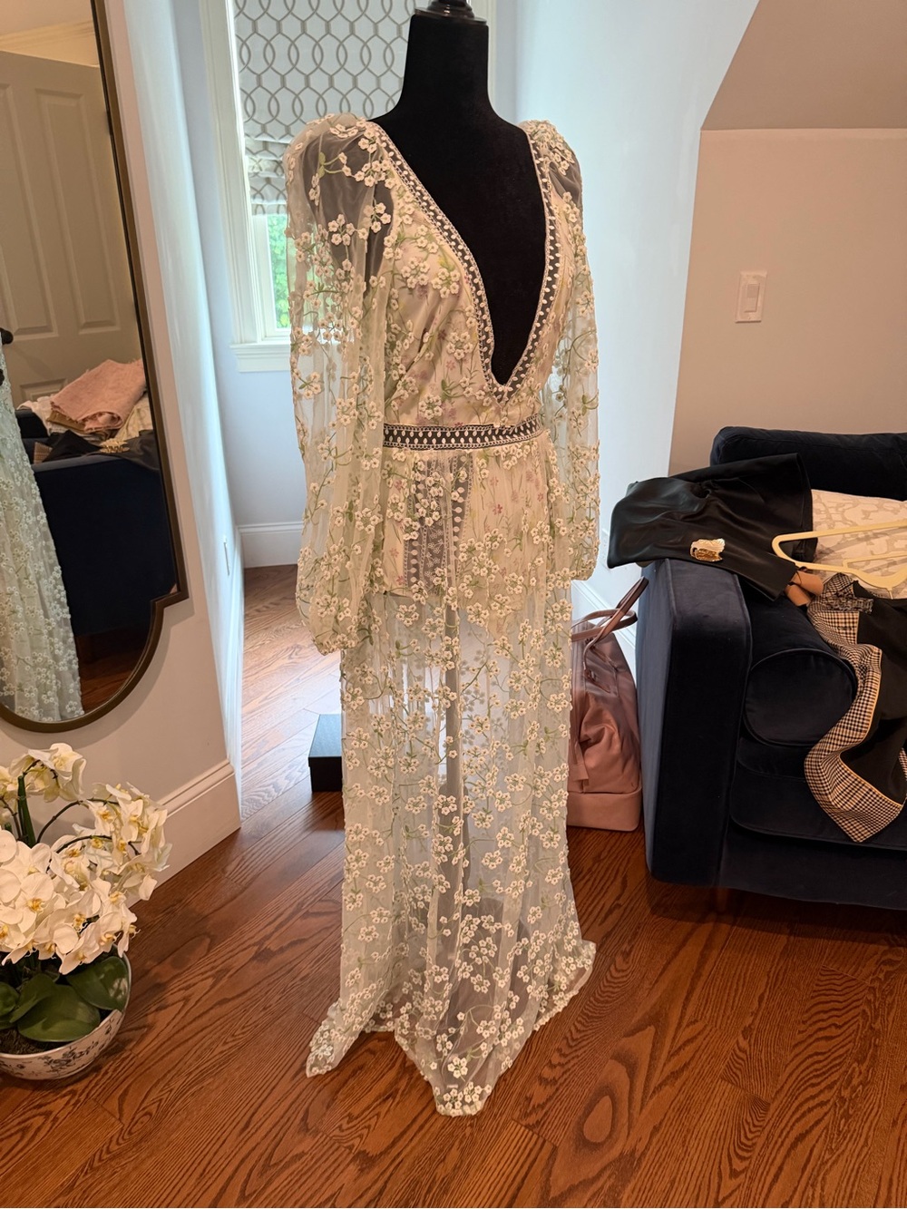 For Love & Lemons Pale Blue Floral Embroidered Sheer Maxi Dress - Picture 2 of 4